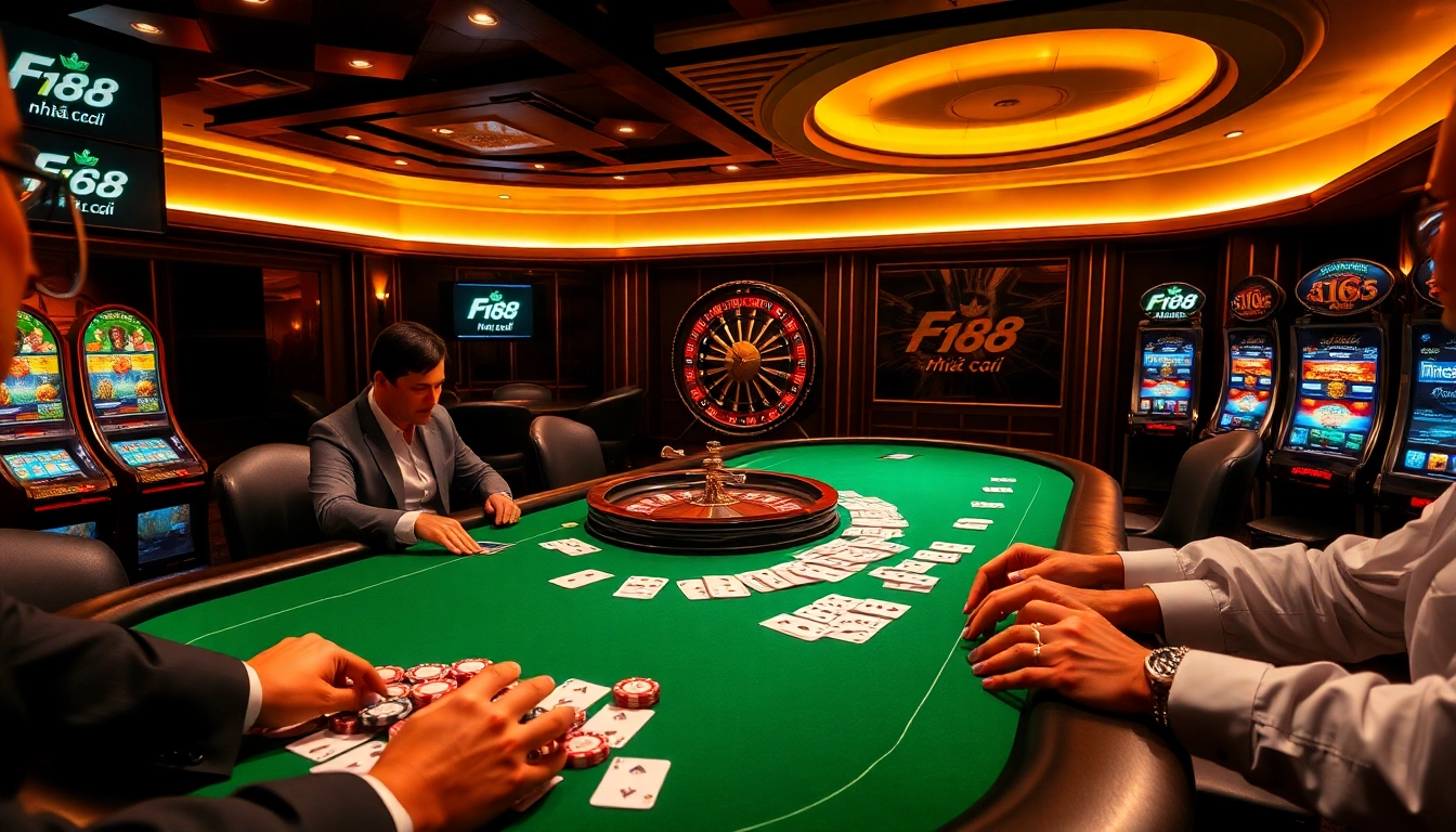 High-stakes poker action with F168 nhà cái branding and vibrant casino atmosphere.