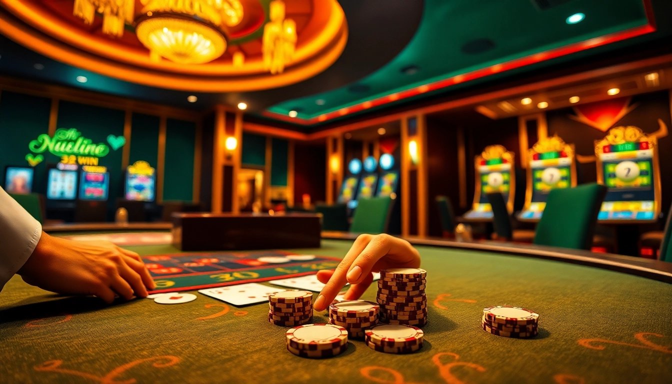 Experience thrilling gambling action at 32WIN with vibrant casino scenes and immersive poker games.