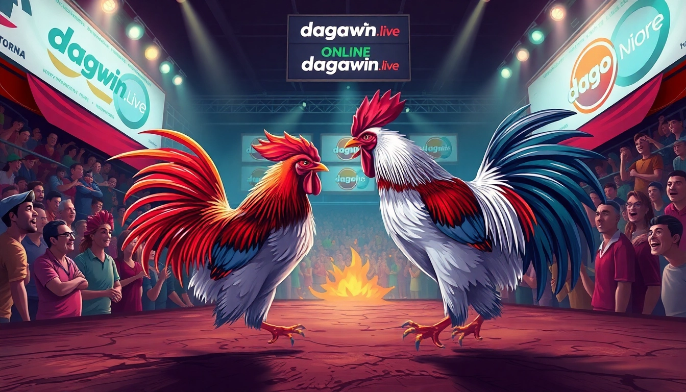 Exciting scene from dagawin.live featuring a live Thomo chicken fight with vibrant atmosphere and digital betting elements.