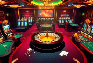 Experience the excitement of tr88 vip gaming at a luxurious casino with roulette, poker tables, and slot machines.