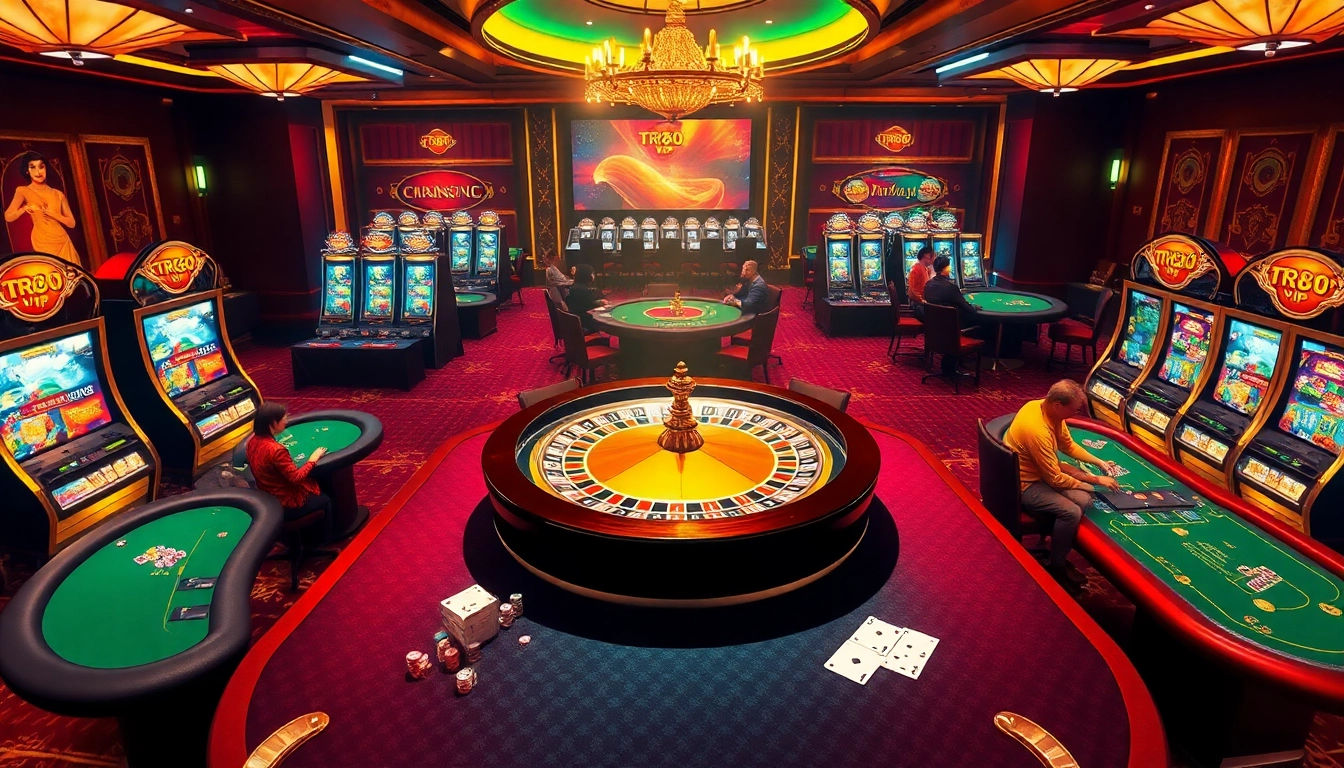 Experience the excitement of tr88 vip gaming at a luxurious casino with roulette, poker tables, and slot machines.