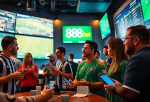 Dynamic scene of online sports betting community engaging with 888b.bet, showcasing excitement and technology.