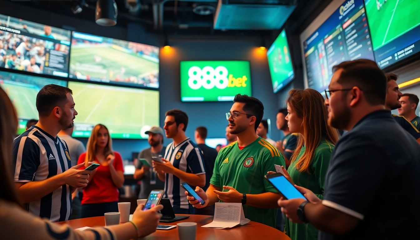 Dynamic scene of online sports betting community engaging with 888b.bet, showcasing excitement and technology.