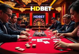 Players enjoy an exciting poker game at a professional casino table featuring HDBET branding.