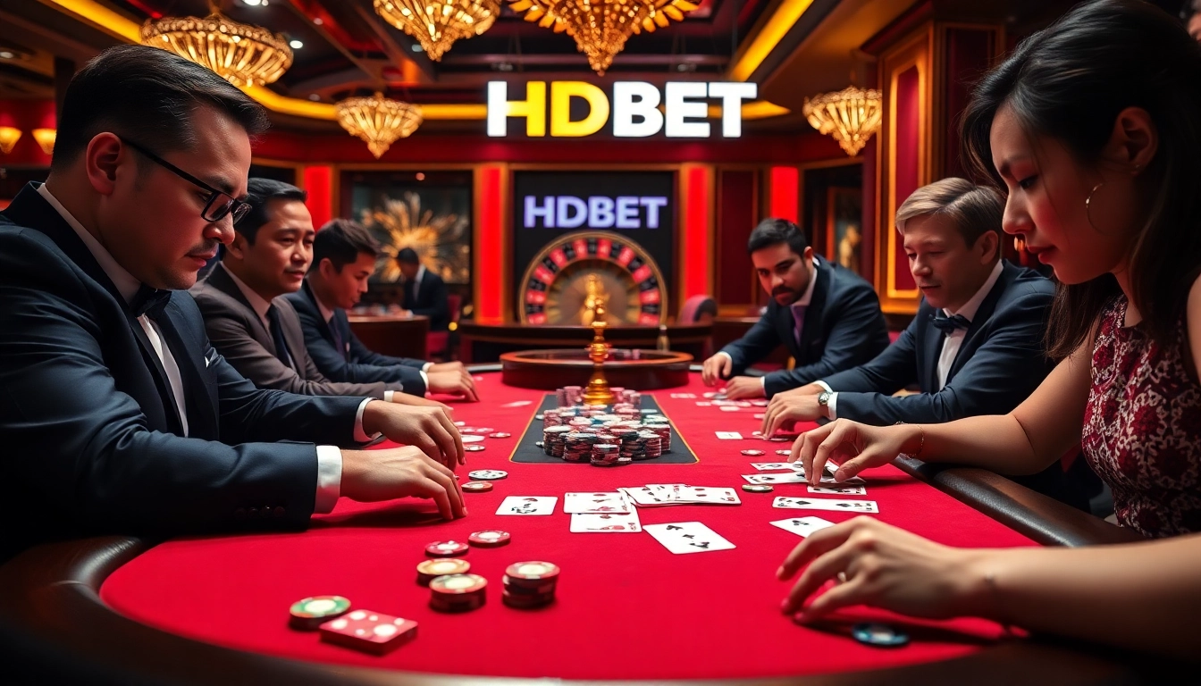 Players enjoy an exciting poker game at a professional casino table featuring HDBET branding.