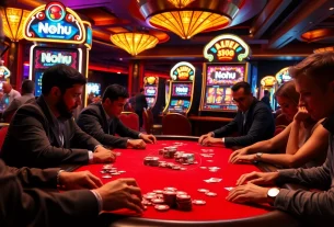Nohu players engaging in an intense poker game, surrounded by colorful casino elements and vibrant atmosphere.