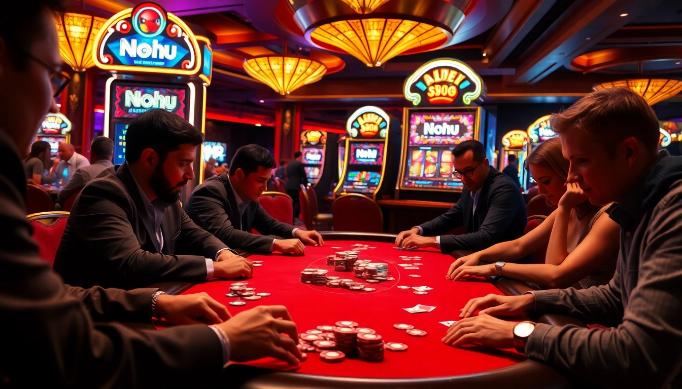 Nohu players engaging in an intense poker game, surrounded by colorful casino elements and vibrant atmosphere.