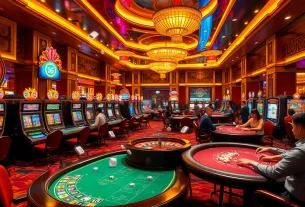 Exciting gambling atmosphere at a casino featuring sv88s.pro, with players enjoying slot machines and poker tables.