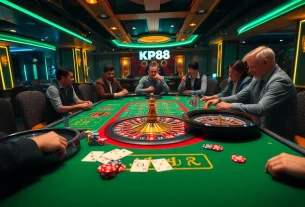 Players enjoying thrilling gambling action at the KP88 casino table with vibrant chips and cards.