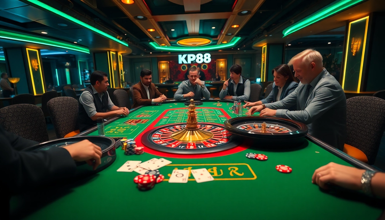 Players enjoying thrilling gambling action at the KP88 casino table with vibrant chips and cards.